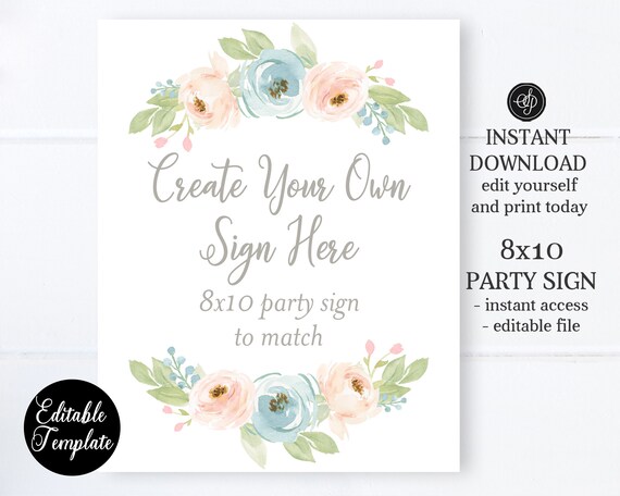 Pastel Floral Baby Shower Sign 8x10, Create Your Own Sign, Editable Template, Templett Sign, Pink and Blue Floral Baby Shower Sign, SP0019 Il_570xn