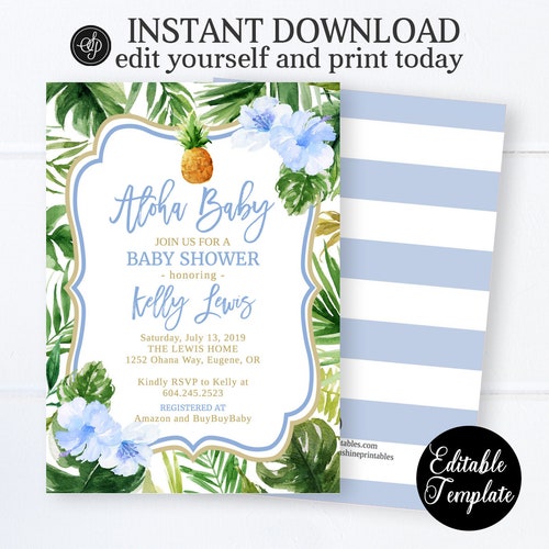 Blue Aloha Baby Shower Invite Tropical Luau Boy Invitation Etsy