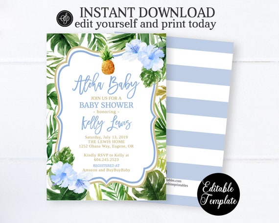 Hawaiian Baby Boy Shower Invitation, Tropical Baby Shower Invite for Boy, Aloha Baby Boy Printable Invitation, EDITABLE TEMPLATE, SP0038 Il_570xn