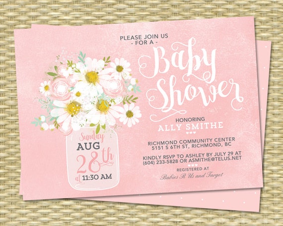 Rustic Baby Shower Invitation Girl Baby Shower Invite Mason Jar Daisies Pink Baby Shower Baby Girl Shower Printable or Printed Invitation Il_570xn