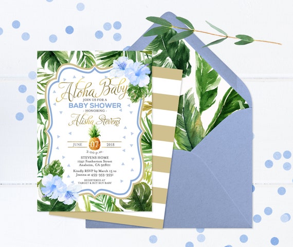 Aloha Baby Boy Shower Invitation, Baby Shower Luau Invitation, Hawaiian Baby Boy Shower, Blue, Green and Gold Invitation, Baby Shower Invite Il_570xn