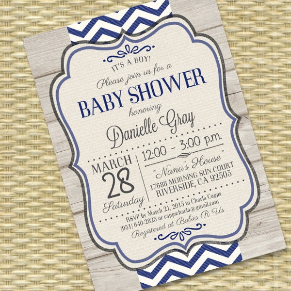 Rustic Baby Boy Shower Invitation Rustic Wood Navy Blue Chevron Typography Baby Boy Sip and See Diaper and Wipes, ANY EVENT