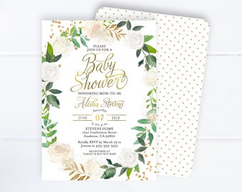 Greenery Baby Shower Invitation Gender Neutral White & Gold Floral Baby Shower Invite Printable Boho Baby Shower Invitation Baby Sprinkle