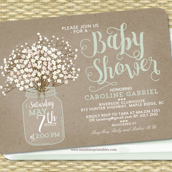 Baby Shower Invitation Mint Green and White Gender Neutral Floral Mason Jar Baby's Breath Kraft Baby Shower Invite Baby Sprinkle