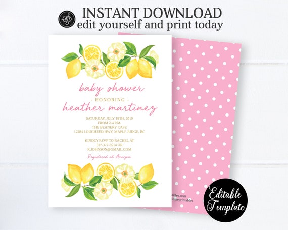 Baby Girl Shower Invitation, Lemon Theme Baby Shower Invitation for Girl, Pink and Yellow Baby Shower Invite, EDITABLE TEMPLATE, SP0037 Il_570xn