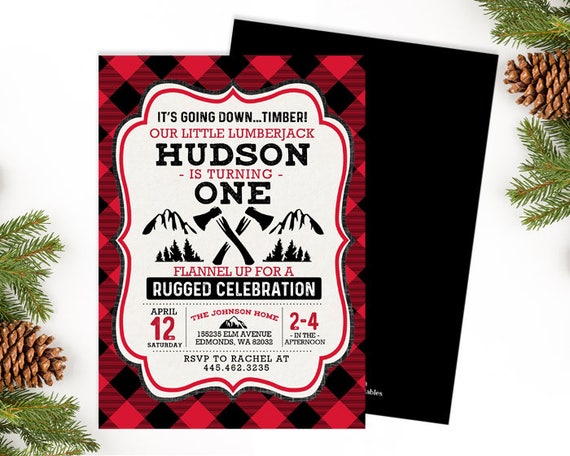 lumberjack birthday invitation boy first birthday invite red black