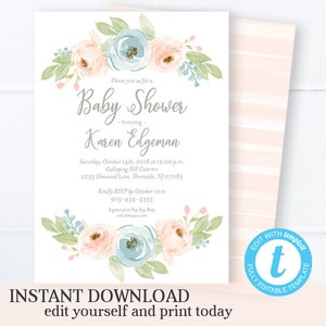 Pastel Floral Baby Shower Invitation KIT Printable Invitation Template ...