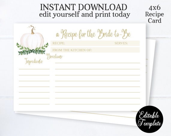 Fall Bridal Shower Recipe Card, Pumpkin and Greenery Recipe Card, Fall in Love Recipe Card, EDITABLE Recipe Card, Templett, SP0056A Il_570xn