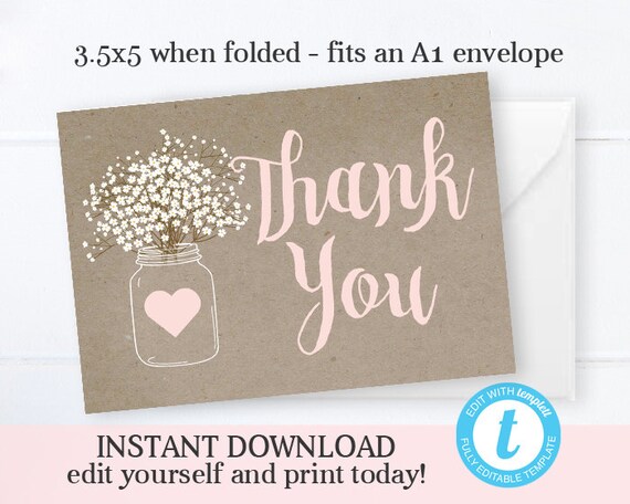 Rustic Baby Girl Shower Thank You Card Mason Jar Baby's Breath Printable Thank You Card Pink and White Instant Download Editable Templett Il_570xn