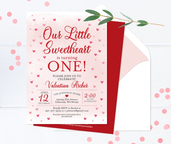 Pink and Red Hearts Valentine 1st Birthday Invitation Girl Our Little Sweetheart First Birthday Invite Printable or Printed Invitations Il_570xn