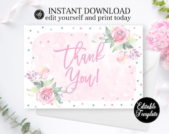 EDITABLE Pink Floral Thank You Card, Printable Thank You Cards, Blush Pink Baby Shower Thank You Card, Baby Girl Thank You SP0034