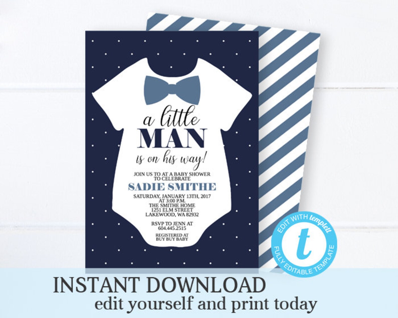 Navy Blue Baby Shower Invitation Little Man Baby Boy Shower Etsy