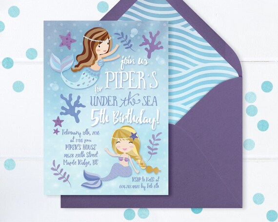 Customized Printable DIGITAL FILE Under the Sea Any Age Mermaid Birthday Bash Invitation Splish Splash Purple Teal Silver 5x7