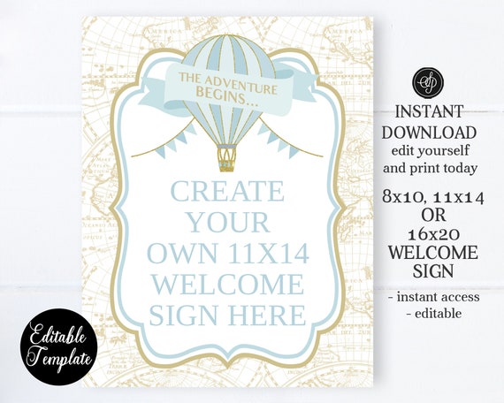 Adventure Begins Baby Shower Welcome Sign 8x10, 11x14, 16x20, Printable Welcome Sign, Editable Template, Hot Air Balloon Baby Shower, SP0036 Il_570xn