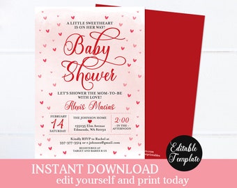 Pink Watercolor Hearts Baby Shower Invitation Valentine Baby Girl Shower Invite Little Sweetheart Girl Baby Shower Editable SP0031