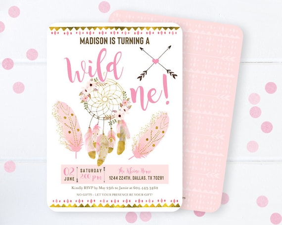 Wild One 1st Birthday Invitation, Dreamcatcher Birthday, Boho First Birthday Invite, Feathers, Dreamcatcher, Bohemian, Tribal Girl Party Il_570xn