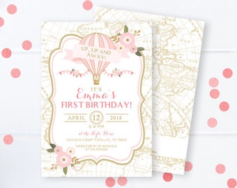 Hot Air Balloon 1st Birthday Invitation Girl Pink and Gold Hot Air Balloon Birthday Invite First Birthday Invitation Girl Adventure Theme