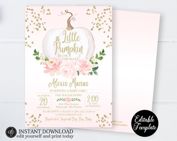 Little Pumpkin Baby Girl Shower Invitation, Pink Floral White Pumpkin Girl Baby Shower Invite, Printable Invitation, Templett, SP0056B Il_570xn