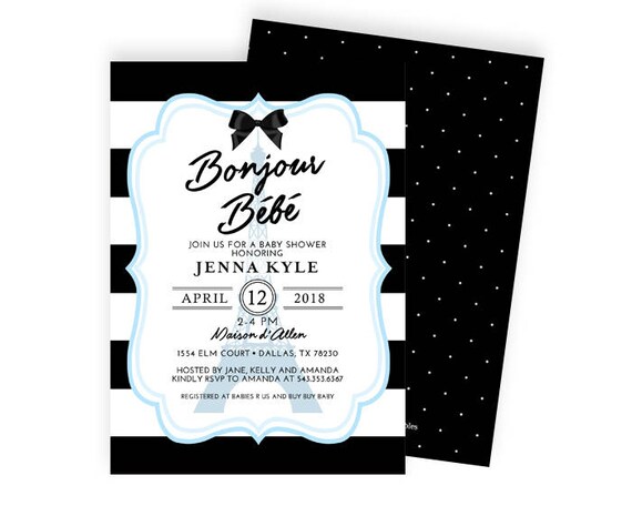 Boy Baby Shower Invitation, Bonjour Bébé, Paris Baby Shower, French Baby Shower, Blue, Black and White, Ooh La La Baby PRINTED or Printable Il_570xn