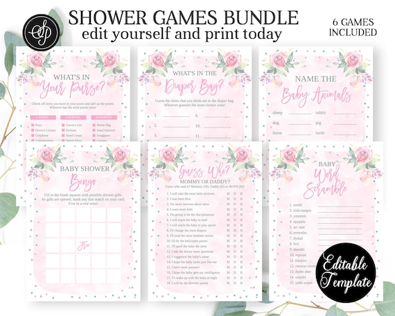 Guess Who Baby Bingo Pink Burgundy Floral Baby Shower Game BUNDLE Six Printable Baby Shower Games Baby Word Scramble Game Boho MCP816