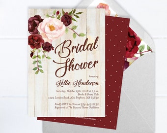 Printed Bridal Shower Invitations, Burgundy and Pink Floral Bridal Shower Invite, Printable Digital File, Rustic Wedding Shower