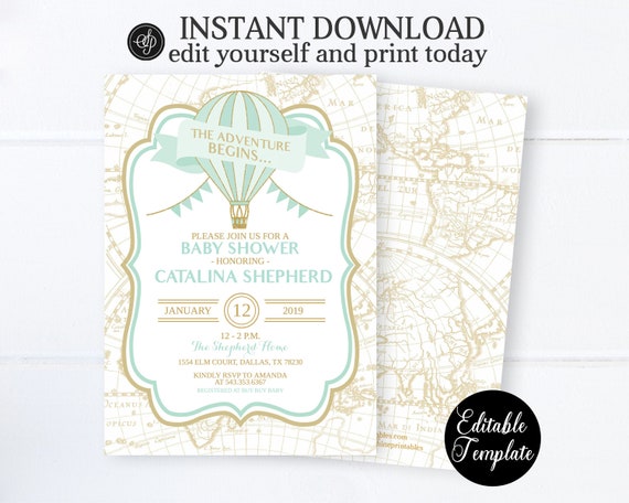 Mint Hot Air Balloon Baby Shower Invitation Gender Neutral, Printable Baby Shower Invitation, EDITABLE TEMPLATE with Templett, SP0036 Il_570xn