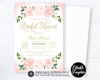 EDITABLE Bridal Shower Invitation Template, Printable Bridal Shower Invitation Card, Blush Pink Floral, Gold, Templett, SP0058