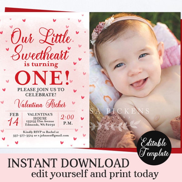 Little Sweetheart 1st Birthday Invitation Girl Valentine First Birthday Invite with Photo Printable Invitation Editable Red & Pink SP0031