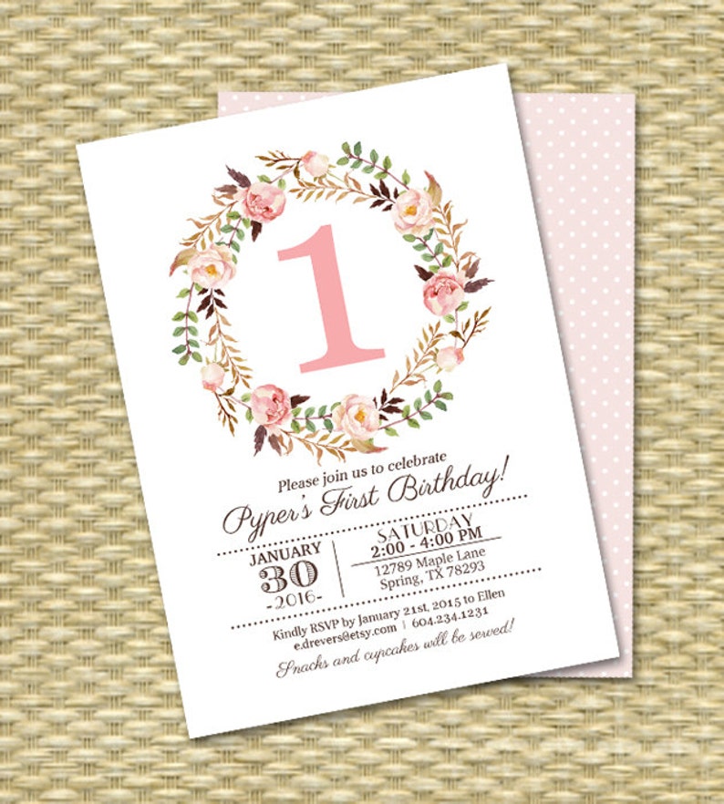 1st Birthday Invitation Girl Baby Girl Pink Watercolor Floral Etsy