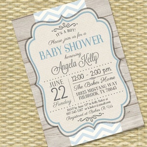 Rustic Baby Boy Shower Invitation Rustic Wood Blue Chevron Typography Baby Boy Sip and See Diaper and Wipes, ANY EVENT image 2