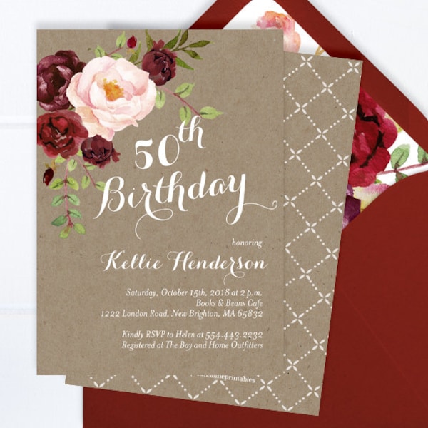 Rustic 50th Birthday Invitation, Kraft Floral Birthday Invite, Burgundy Adult Birthday Invite, Burgundy and Blush Floral Invitation ANY AGE