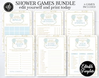 BLUE Hot Air Balloon Baby Boy Shower 6 Game BUNDLE, Six Printable Baby Shower Games, Baby Bingo, Guess Who, Baby Word Scramble, SP0036