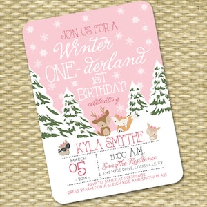 Winter ONE-derland 1st Birthday Invitation First Birthday Invitation Winter ONEderland 2nd Birthday Woodland Animals Pink Snowflakes Snow