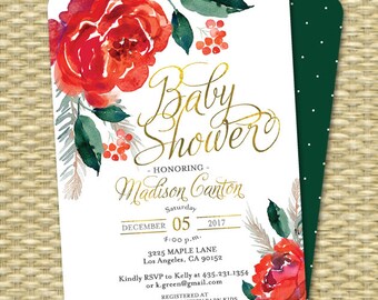 Christmas Baby Shower Invitation Printable Holiday Baby Shower Invite Gender Neutral Baby Shower Red and Green Printed Invitations Floral