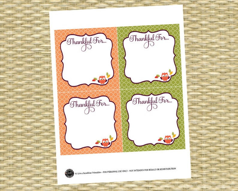 Thanksgiving Dinner Party Printables Thankful For Cards 4x4 Printable, DIY Instant Download, Fall, Olive Green, Pumpkin, Orange, Autumn image 2