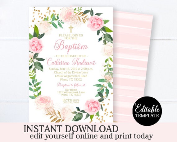 EDITABLE Baptism Invitation Template Printable Girl Baptism