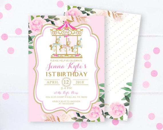 Carousel Birthday Invitation Pink and Gold 1st Birthday Carousel Invitation Carnival Invitation Pony Invitation Floral Merry Go Round Invite Il_570xn
