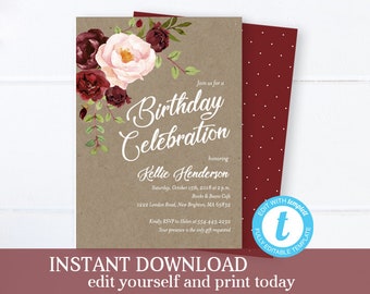 Floral Birthday Invitation, Rustic Birthday Invitation, Instant Download, Templett, Burgundy Floral Adult Birthday Invite, Editable Invite
