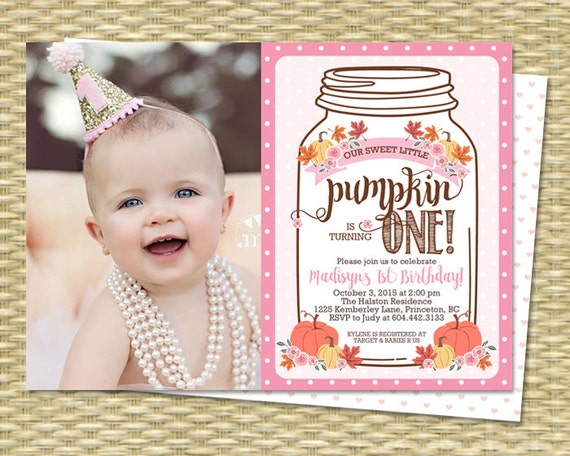 Pumpkin 1st Birthday Invitation, Little Pumpkin Invitation with Photo, Mason Jar Pumpkin Invitation, Fall 1st Birthday Invite First Birthday Il_570xn