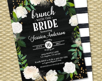 Brunch with the Bride Bridal Brunch Invitation Chalkboard Bridal Shower Invite Floral White Roses White & Black Gold Glitter ANY EVENT