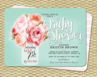 Gender Neutral Baby Shower Invitation Mason Jar Floral Pink Peonies Baby Tea Sip and See Invite Pink Peach Mint ANY EVENT