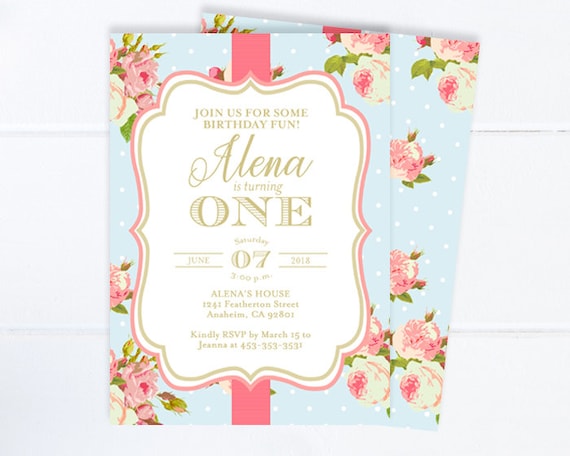 Floral First Birthday Invitation, Girl Tea Party 1st Birthday Invite, Vintage Roses Style Pink Roses Tea Party Invite ANY AGE Il_570xn
