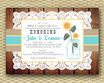 Mason Jar Sunflower Floral Bridal Shower Invitation Burlap Lace Floral Rustic Lace Doily Couples Shower Rehearsal Dinner, ANY EVENT