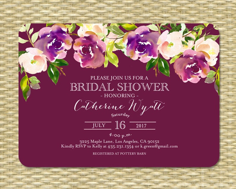 Printable Bridal Shower Invitation Wedding Shower Invite Watercolor Floral Burgundy Gold Purple Floral Bridal Tea Garden Party ANY EVENT image 2