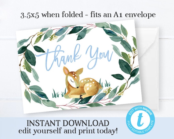 Woodland Animal Baby Boy Shower Thank You Card Instant Download Editable Template Templett Little Deer Boy Baby Shower Thank You SP0018 Il_570xn