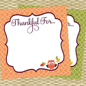 Thanksgiving Dinner Party Printables Thankful For Cards 4x4 Printable, DIY Instant Download, Fall, Olive Green, Pumpkin, Orange, Autumn image 1