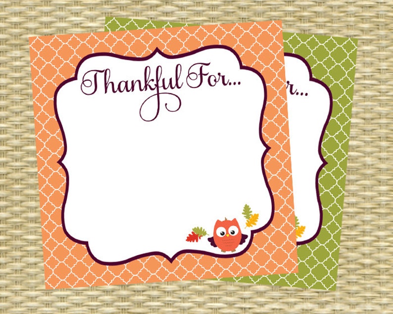 Thanksgiving Dinner Party Printables Thankful For Cards 4x4 Printable, DIY Instant Download, Fall, Olive Green, Pumpkin, Orange, Autumn image 1