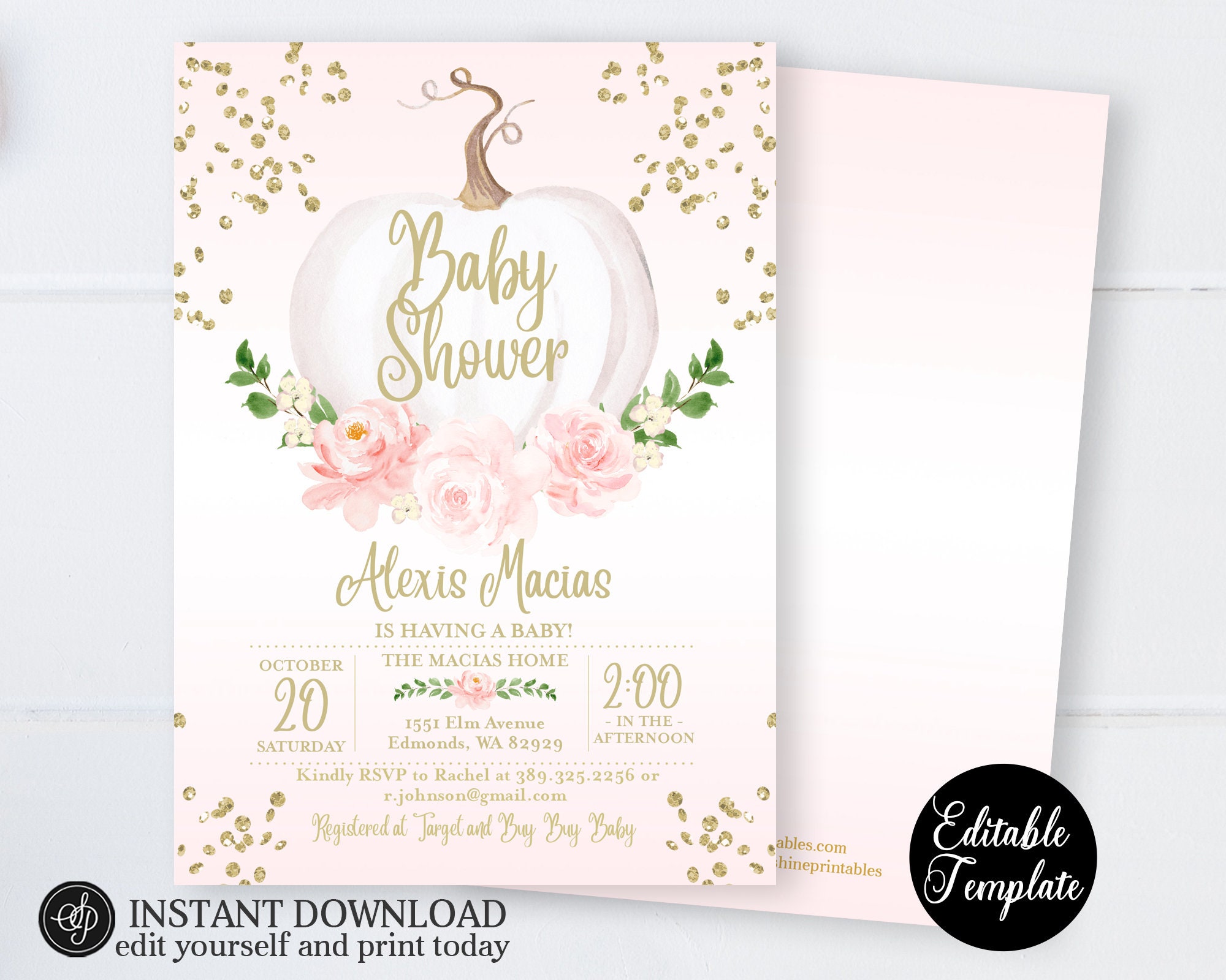 EDITABLE Fall Baby Girl Shower Invitation Pink Floral White | Etsy