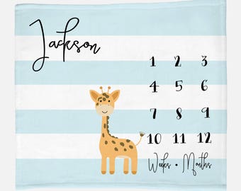 Baby Giraffe Months Blanket, Monthly Milestone Blanket Baby Boy, Giraffe Baby Milestone Blanket, Baby Shower Gift Boy, Giraffe Blue Stripes