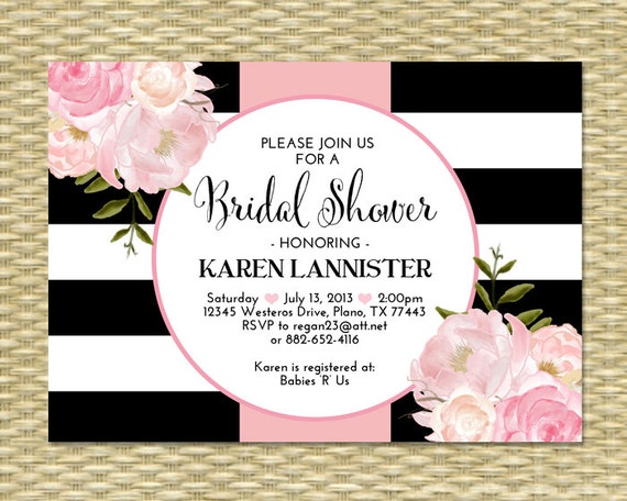 Floral Bridal Shower Invitation Stripes Black White Blush Pink Peonies Bridal Brunch Bridal Tea Any Event ANY COLORS Il_570xn